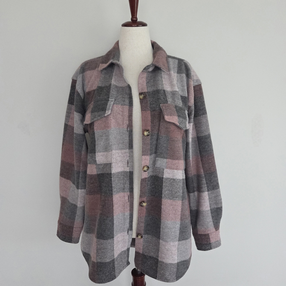 beachlunchlounge Pink and Gray Plaid Button-Up Shacket Size L